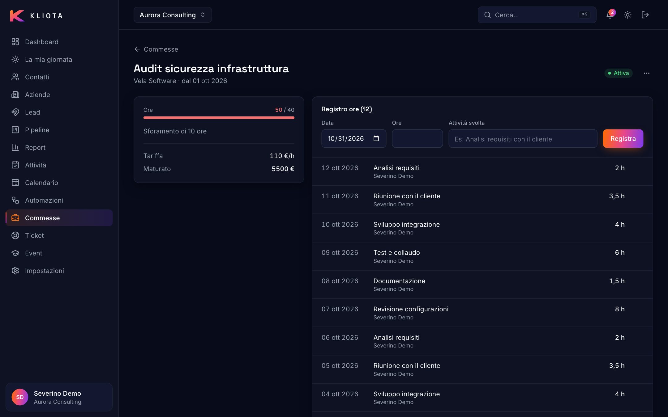 Modulo commesse: ore registrate, budget e maturato per cliente